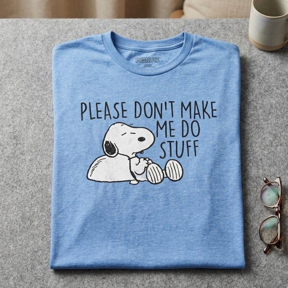Peanuts Snoopy T-Shirt Men XL Blue "Please Don't Make Me Do Stuff" Graphic NWOT